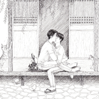 two boys kissing on a porch